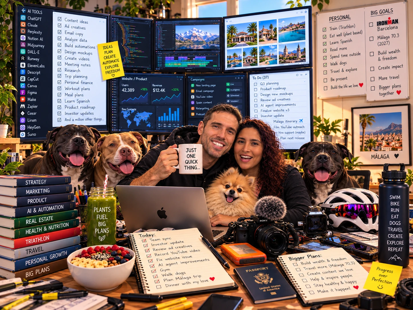 Jeff and Ian at their desk with their four dogs, screens full of AI tools, a Just One Quick Thing mug and Ironman gear
