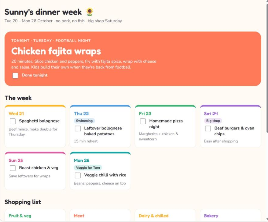 Family meal planner and shopping list