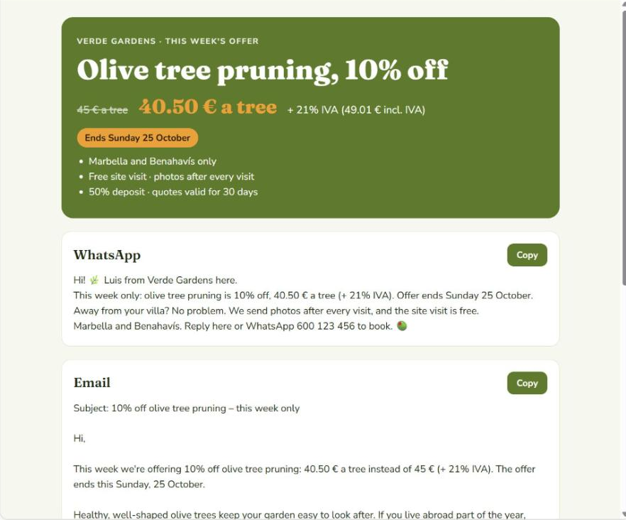 Offer with ready-to-send messages